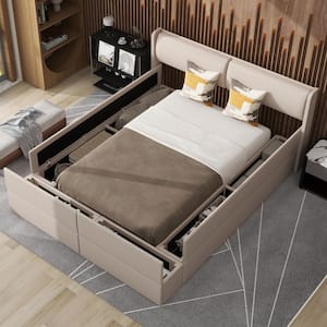 Beige Wood Frame Queen Size Velvet Upholstered Platform Bed with 6 Storage Compartments on Both Sides and Footboard