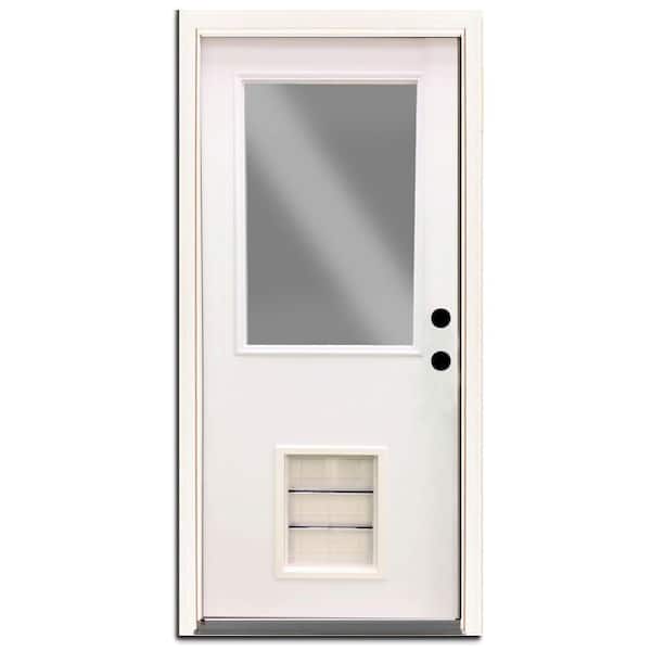 Steves & Sons 30 in. x 80 in. Element Series Half Lite White Primed Steel Back Door Left Hand Inswing with Large Pet Door