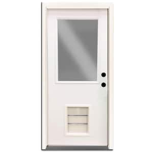 Premium Half Lite Primed White Steel Back Door 32 in. Left Hand Inswing with Extra Large Pet Door