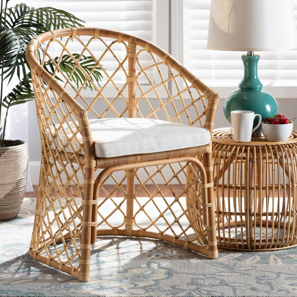 Serene Bohemian White Fabric and Natural Rattan Dining Chair