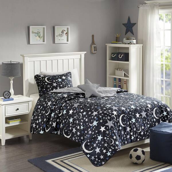 Intelligent Design Kids Shooting Star 3-Piece Charcoal Twin Reversible Coverlet Set