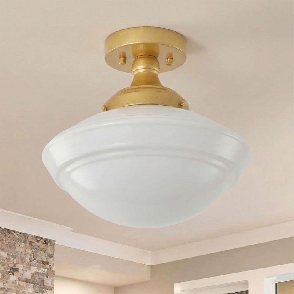 11.81 in. 1-Light Schoolhouse Round Brushed Brass Semi-Flush Mount Close to Ceiling Light with Glass Shade for Foyer price history on PriceWatchPro