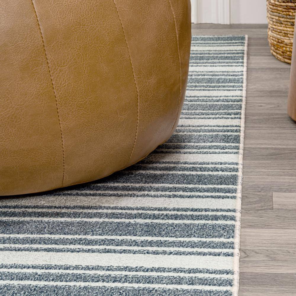 Cream and Dark Gray Striped Washable Synthetic Area Rug
