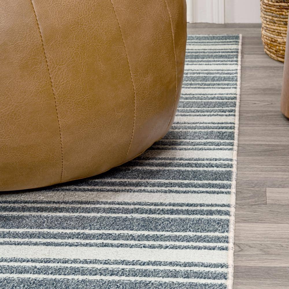 Cream and Dark Gray Striped Washable Synthetic Area Rug 8' x 10'