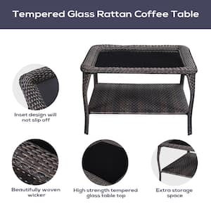 Brown Square Wicker Outdoor Coffee Table with Black Tempered Glass Top and Storage Space