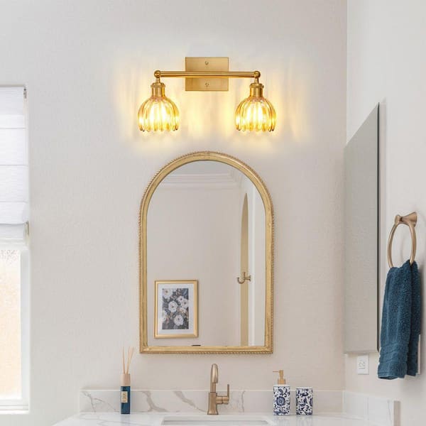 16.5 in. 2-Light Gold Vanity Light Wall Light Over Mirror with Amber Tulip Glass Shade