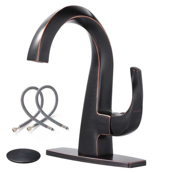 WOWOW Brass Single Handle Single Hole Bathroom Faucet with Deckplate Included and Drain Kit in Oil Rubbed Bronze
