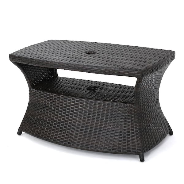 Edington MultiBrown Wicker Outdoor Coffee Table with Umbrella Stand-Wicker and Iron Frame for Patio and Garden
