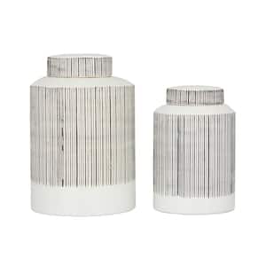 White Ceramic Striped Decorative Jars (Set of 2)