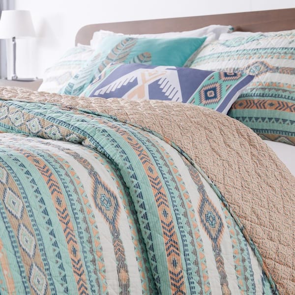 Benjara 3-Piece Blue Solid Queen Size Microfiber Quilt Set