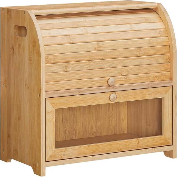 Lynzavix Bamboo Roll-Top 2 Tier Bread Box with Acrylic Door Vents