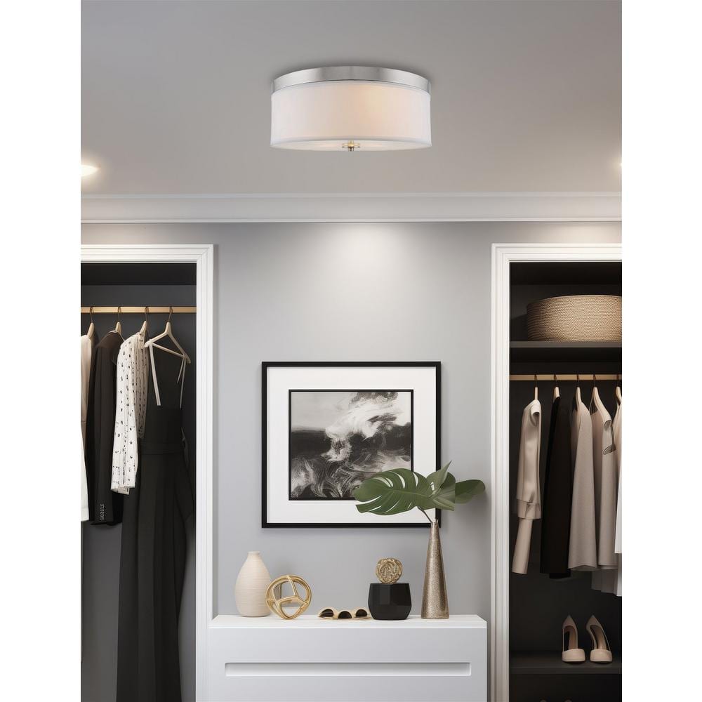 Brushed Nickel 15" Modern Drum Flush Mount with White Fabric Shade