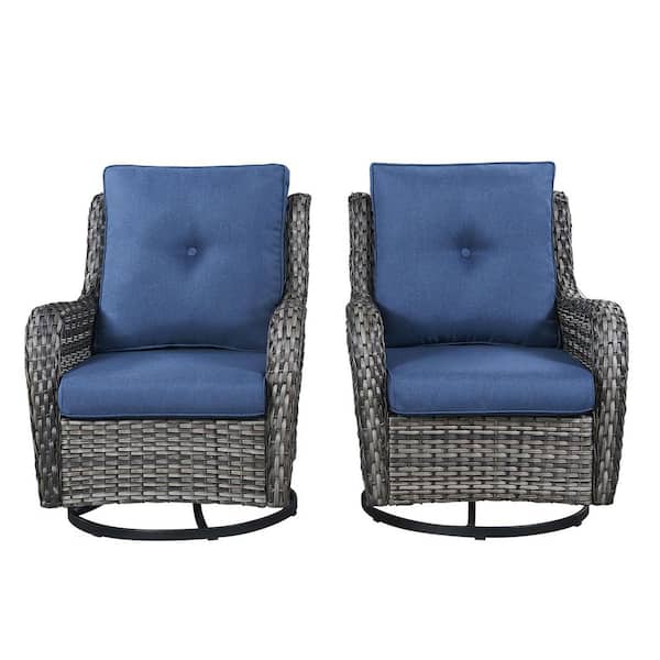 Pocassy Outdoor Swivel Gray Wicker Outdoor Rocking Chair with CushionGuard Blue Cushions Patio (Set 2-Pack)