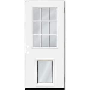 32 in. x 80 in. Reliant Series Clear 9 Lite LHOS White Primed Fiberglass Prehung Back Door with Extra Large Pet Door