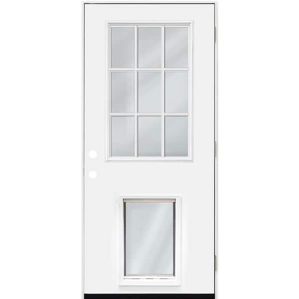 Steves & Sons 36 in. x 80 in. Reliant Series White Primed LHOS 9 Lite Fiberglass Prehung Back Door with Extra Large Pet Door