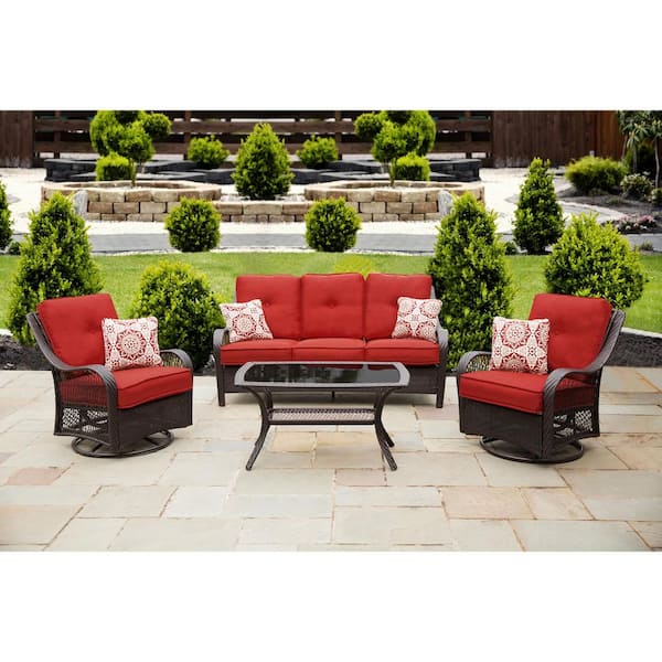 Hanover Orleans 4-Piece All-Weather Wicker Patio Deep Seating Set w/ Autumn Berry Cushions 4 Pillows, Glass Top Coffee Table