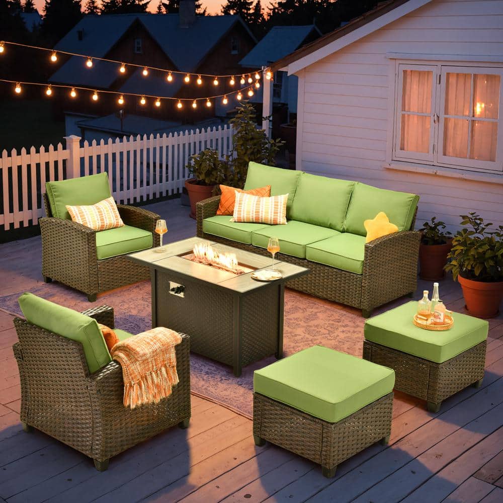 Marcia 6-Piece Wicker Modern Outdoor Patio Conversation Sofa Furniture Set with a Fire Pit and Green Cushions price history on PriceWatchPro