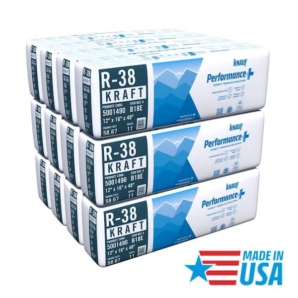 R38 Kraft Faced 16 in. x 48 in. Precut Fiberglass Insulation Batts for Floor, Attic - Sound-Reducing, USA Made (12-Bags)