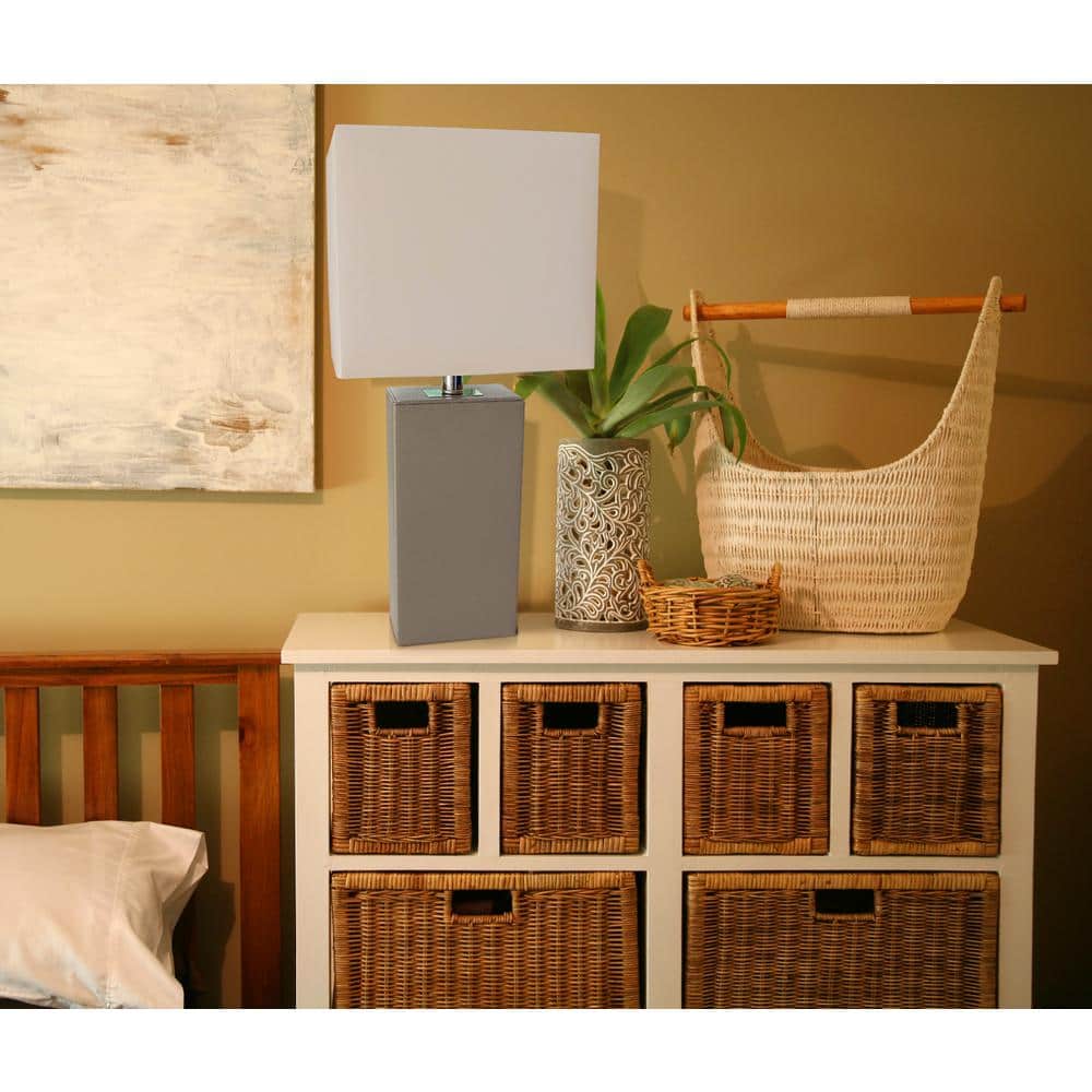 Gray Leather Table Lamp with White Fabric Shade