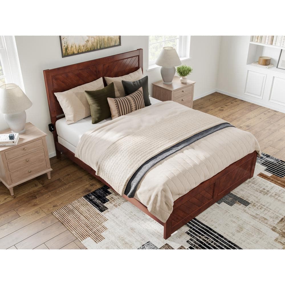 Canyon Walnut Wood Queen Bed Frame with Chevron Headboard