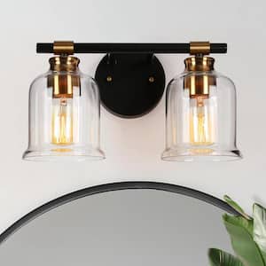 Modern Black Bathroom Vanity Light Transitional 12.5 in. 2-Light Bell Wall Sconce with Brass Accents and Clear Glass