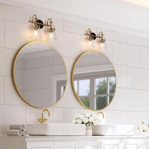 Modern 14 in. 2-Light Black and Brass Vanity Light with Bell Seeded Glass Shades