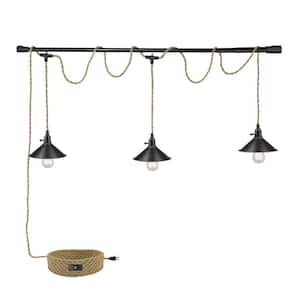 3-Light Black Hanging Pendant Light with Metal Dome Shade 29 ft. Twisted Hemp Rope Switch