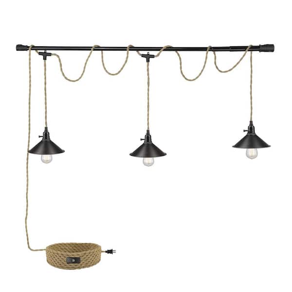 JAZAVA 3-Light Black Hanging Pendant Light with Metal Dome Shade 29 ft. Twisted Hemp Rope Switch