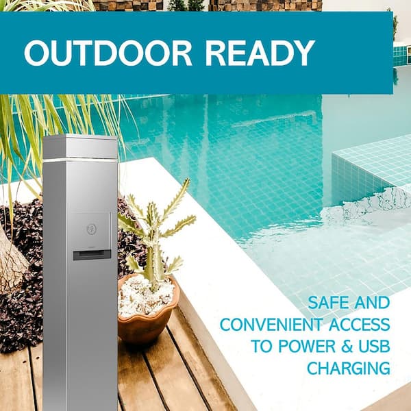 Wiremold Outdoor Weatherproof Charging Station 2-Gang, 1 GFCI Outlet and 1 4-Port USB Outlet plus Accent Light, Silver
