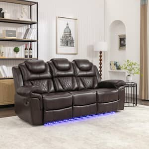 83.1 in Flared Arm Faux Leather Rectangle Manual Recliner 3-Seat Sofa in. Brown with Center Console and LED Light Strip