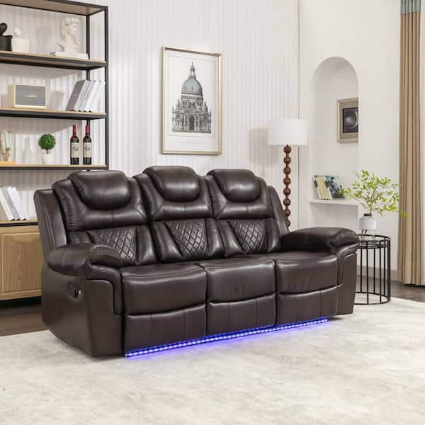 Merax 83.1 in Flared Arm Faux Leather Rectangle Manual Recliner 3 Seat Sofa in. Brown with Center Console and LED Light Strip CJ060AAD The Home Depot