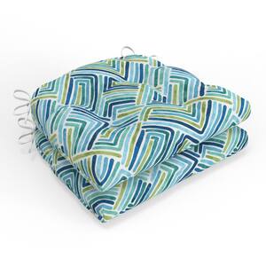 Geometric Estie Ocean Blue Square Tufted Outdoor Reversible Chairpad Seat Cushion with Ties (2-Pack)