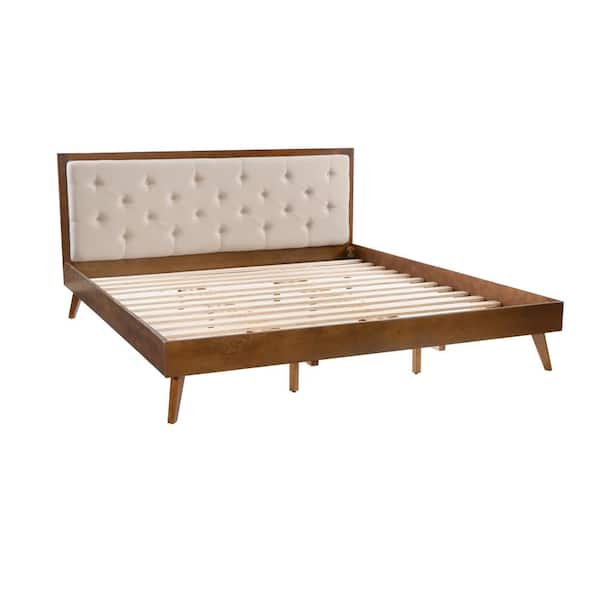 Ames Mid Century Walnut Brown Wood Frame King Platform Bed with Beige Tufted Headboard