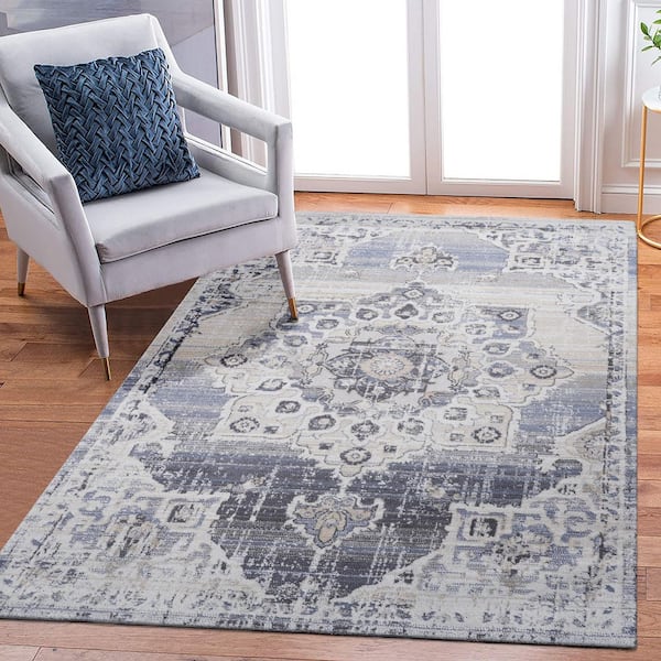 5 ft. x 7 ft. Cream Blue Abstract Washable for Bedroom, Dining Room, Living Room Area Rug