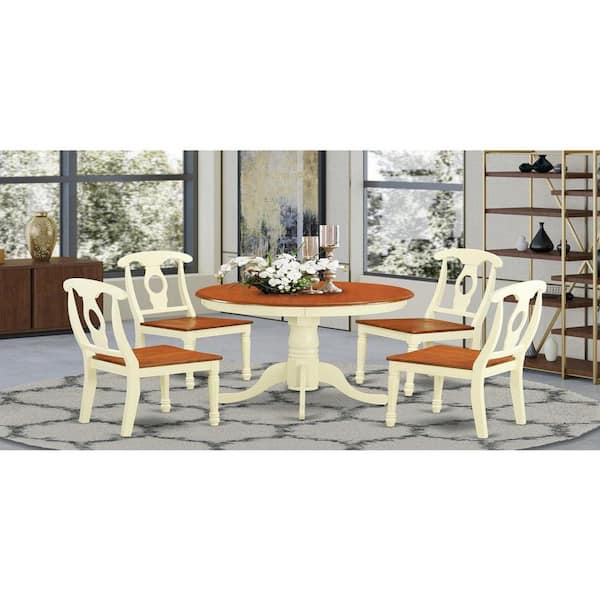 East West Furniture 5-Piece Round Buttermilk and Cherry Finish Solid Wood Top Dining table with 4-Chairs with Lattice Back