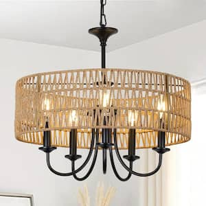 20 in. W 5-Light Farmhouse Chandelier with Hand Woven Wicker Shade, Brown Rattan Pendant Island, E12, No Bulbs Included