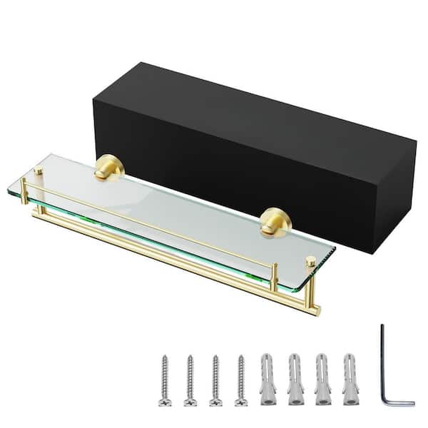20 in. Wall Mounted Tempered Glass Bathroom Shelf with Towel Bar in Brushed Gold, Stainless Steel Tower Holder