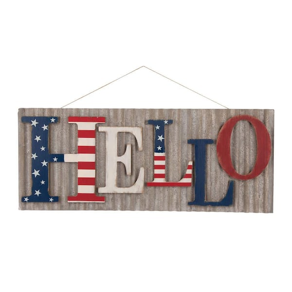 Glitzhome 36.10 in. L Metal/Wooden Patriotic HELLO Wall Decor