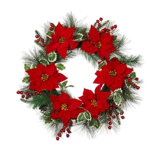 24 in. D Pre-Lit Poinsettia Pinecone Artificial Christmas Wreath With 20 Warm White Lights