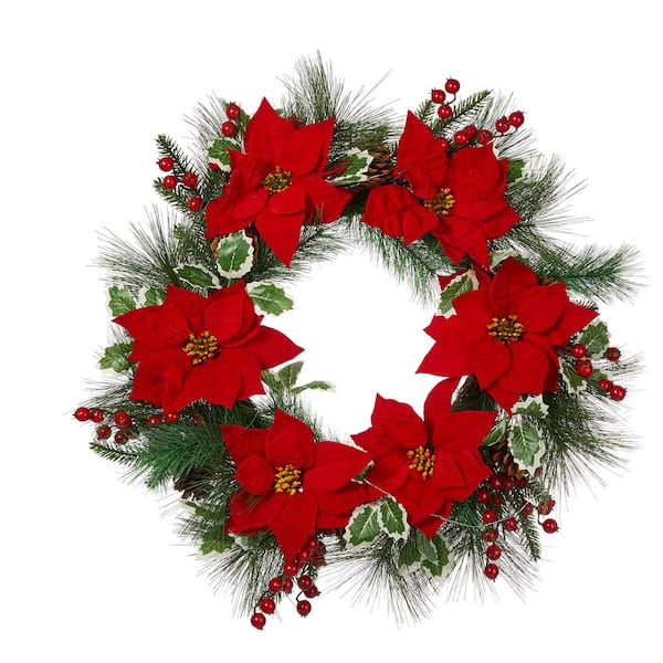 Glitzhome 2PK 9 ft. Pre-Lit Artificial Christmas Garland and 24 in. D Snow  Flocked Greenery Pine Poinsettia Christmas Wreath Set 2016000023 - The Home  Depot
