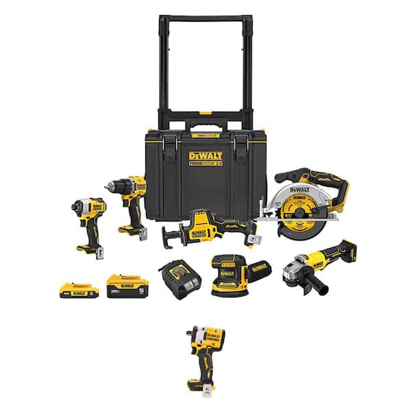 20V Lithium-Ion Cordless 6-Tool Combo Kit and 1/2 in. Impact Wrench w/ 5 Ah & 2 Ah Batteries Charger & Rolling Toolbox