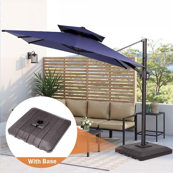 9 ft. x 11 ft. Aluminum Offset Cantilever Crank-Control 360° Rotation Tilt Patio Umbrella in Navy with Weights Stand