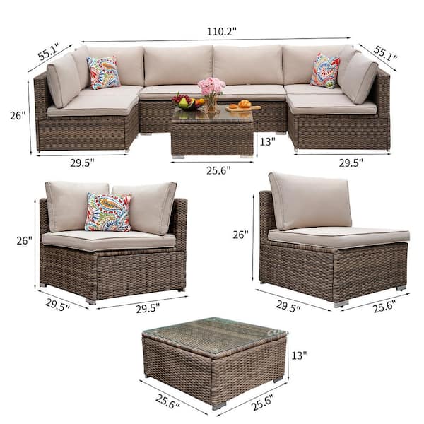 ESSENTIAL LOUNGER 7-Piece Wicker Patio Conversation Set with Brown Cushions
