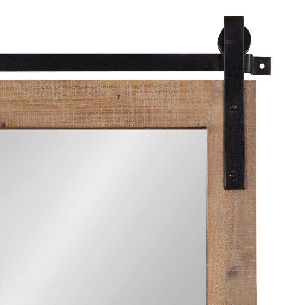 Rustic Brown Wood Wall Mirror with Hooks and Iron Bar