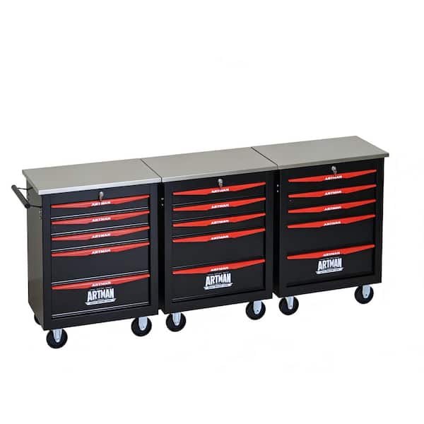 Heavy-Duty 67 in. W x 14 in. D 15-Drawer Matte Black Interlocking Rolling Tool Cabinet with Stainless Steel Tops