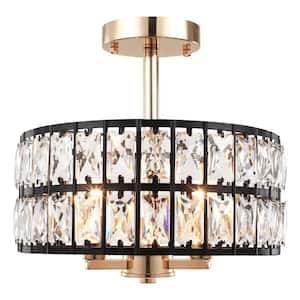 12.59 in. 3-Light Round Black/Gold Drum Chandelier Semi Flush Mount Ceiling Light with Clear Crystal Glass Drum Shade