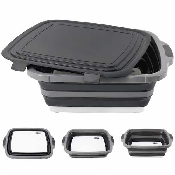 1-Piece Black TPR Collapsible Cutting Board Tub Set with Locking Lid for Meal Prep Marinating Camping BBQ Sink