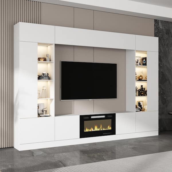 114.2 in. W Freestanding Electric Fireplace TV Stand White Entertainment Center W/ Remote Control, Fits TV up to 75 in.