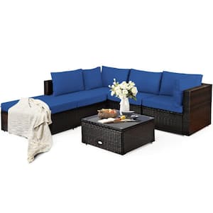 6-Piece Wicker Outdoor Patio Conversation Set Rattan Furniture Set with Blue Cushions, Ottoman and Coffee Table
