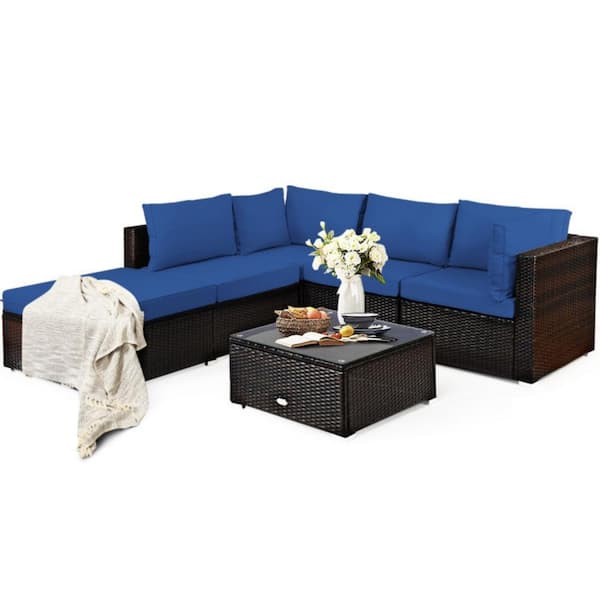 Clihome 6-Piece Wicker Outdoor Patio Conversation Set Rattan Furniture Set with Blue Cushions, Ottoman and Coffee Table